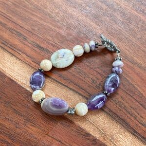 Boho Style Amethyst, Quartz and Silver Beaded Bangle Bracelet